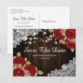 Lace Red Floral Wedding Save the Date Briefkaarten (Voorkant / Achterkant)