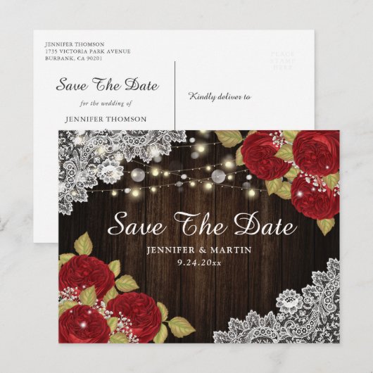 Lace Red Floral Wedding Save the Date Briefkaarten (Voorkant / Achterkant)