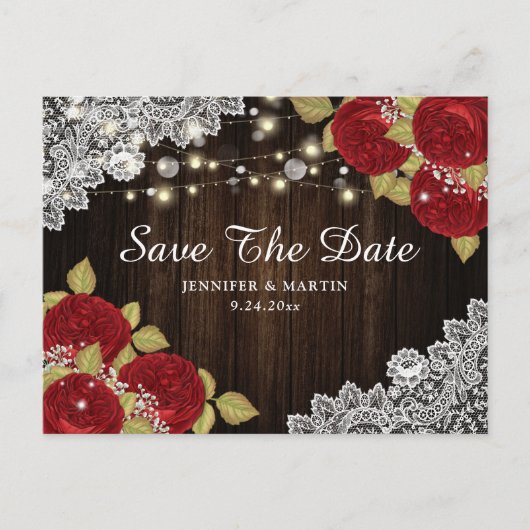 Lace Red Floral Wedding Save the Date Briefkaarten (Voorkant)