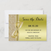 Lace Ribbon & Bow Gold Glitter Sequin 18th Save The Date (Voorkant)