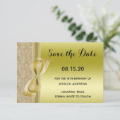 Lace Ribbon & Bow Gold Glitter Sequin 18th Save The Date (Staand voorkant)