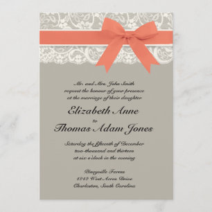 Lace Ribbon Gray and Coral Wedding Invitation Kaart