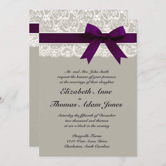 Lace Ribbon Grey en Plum Huwelijksuitnodiging Kaart (Voorkant / Achterkant)