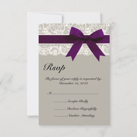Lace Ribbon Grey en Plum RSVP-kaart RSVP Kaartje (Voorkant)