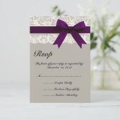 Lace Ribbon Grey en Plum RSVP-kaart RSVP Kaartje (Staand voorkant)