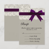 Lace Ribbon Grey en Plum RSVP-kaart RSVP Kaartje (Voorkant / Achterkant)