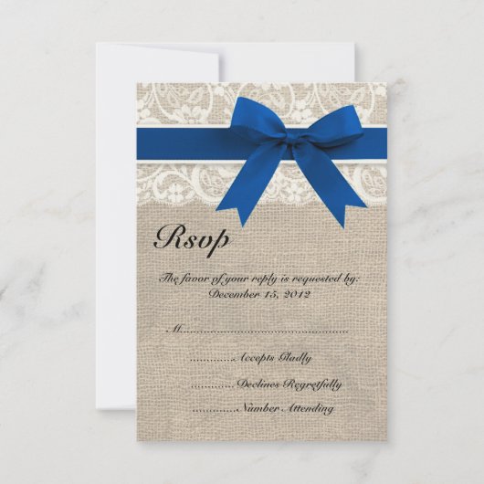 Lace & Royal Blue Ribbon en Burlap RSVP-kaart RSVP Kaartje (Voorkant)