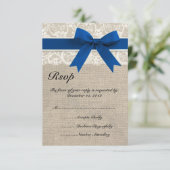 Lace & Royal Blue Ribbon en Burlap RSVP-kaart RSVP Kaartje (Staand voorkant)