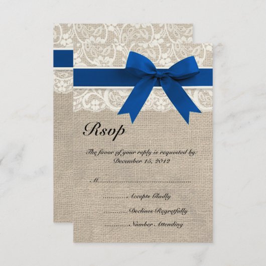 Lace & Royal Blue Ribbon en Burlap RSVP-kaart RSVP Kaartje (Voorkant / Achterkant)