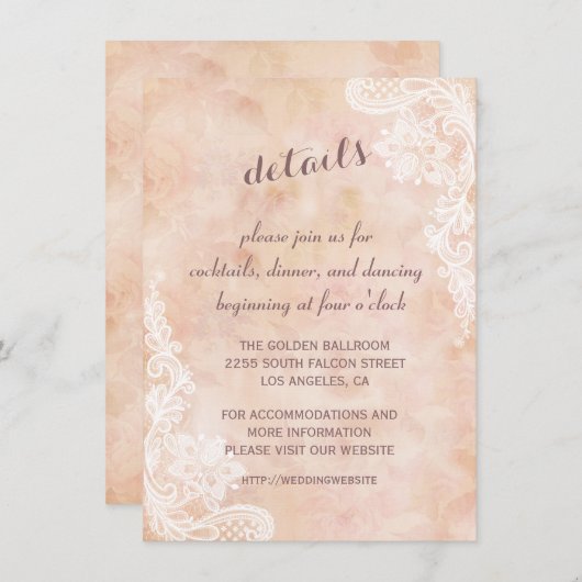 Lace Rozen Old Paper Wedding Details Reception Informatiekaartje (Voorkant / Achterkant)