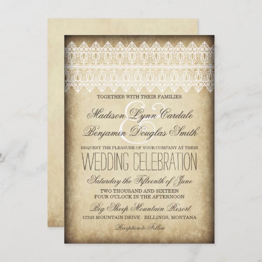  Lace Rustic Country Wedding Invitations Kaart (Voorkant / Achterkant)