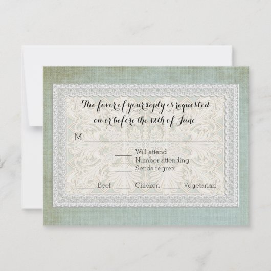 Lace Rustic Elegant Blue Cream RSVP Kaartje (Voorkant)