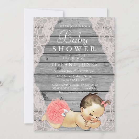 Lace Rustic Wood Girl Baby shower Invite Kaart (Voorkant)