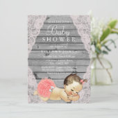 Lace Rustic Wood Girl Baby shower Invite Kaart (Staand voorkant)