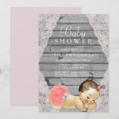 Lace Rustic Wood Girl Baby shower Invite Kaart (Voorkant / Achterkant)