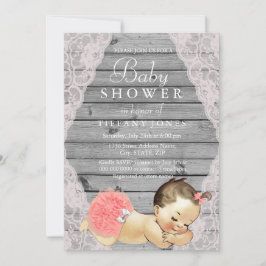  Lace Rustic Wood Girl Baby shower Invite Kaart