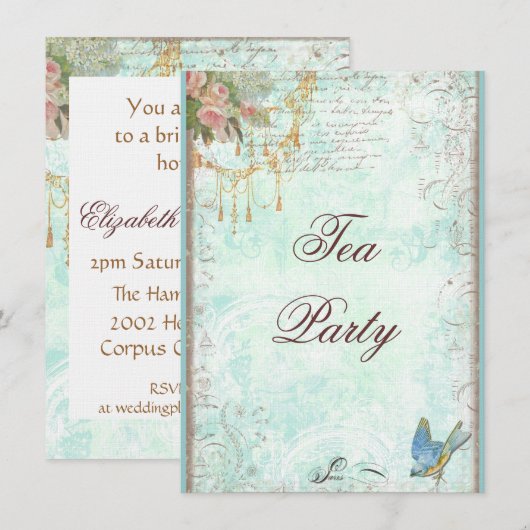 Lace Scroll, Bluebird & Tassels Invite Kaart (Voorkant / Achterkant)