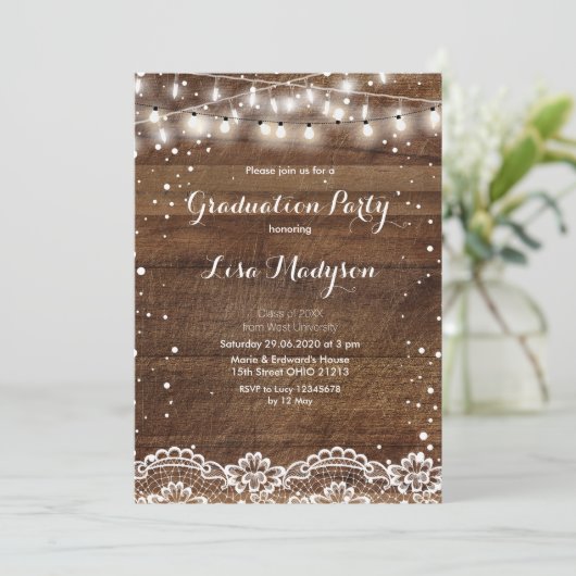 Lace String Lights Graduation Party Kaart Rustiek (Staand voorkant)