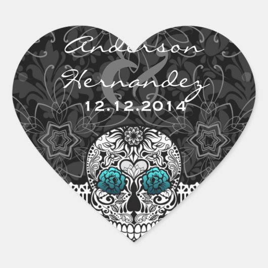Lace Sugar Skull Day of the Dead Save the Date Hart Sticker (Voorkant)