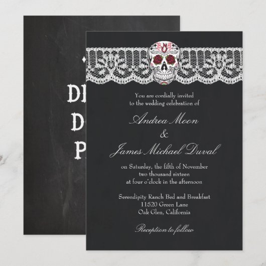 Lace Sugar Skull Krijtbord Huwelijksuitnodigingen Kaart (Voorkant / Achterkant)