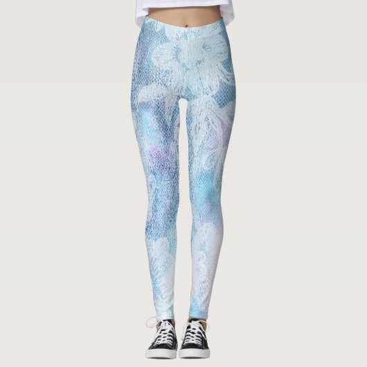 *~* Lace Texture Waterverf Blue Turquoise Leggings (Voorkant)