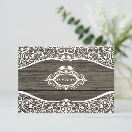 Lace Tortelduifjes Vine Pattern R.S.V.P. RSVP Kaartje (Staand voorkant)