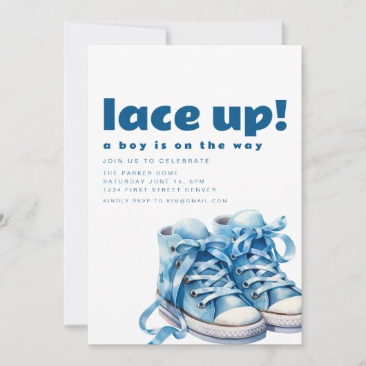 Lace Up Shoe Sneaker Baby shower Invitation Kaart (Voorkant)