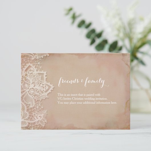 Lace Wedding Insert -  Roze Informatiekaartje (Staand voorkant)