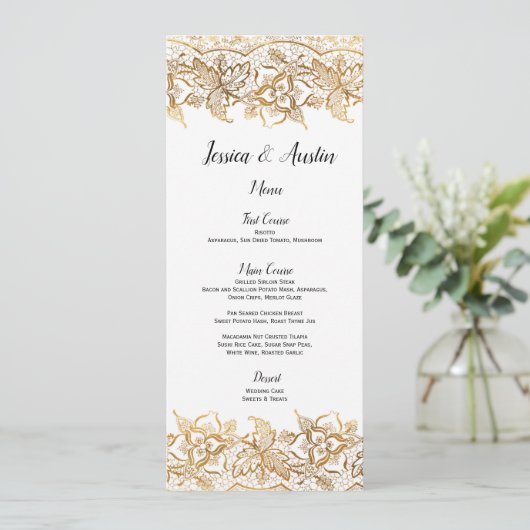 Lace Wedding Menu Kaart in Gold Folie  Boho (Staand voorkant)