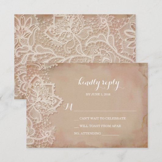 Lace Wedding RSVP Briefkaart - Roze (Voorkant / Achterkant)