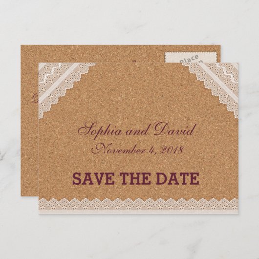  Lace Wine Cork Wedding BEWAREN DE DATUM Aankondigingskaart (Voorkant / Achterkant)