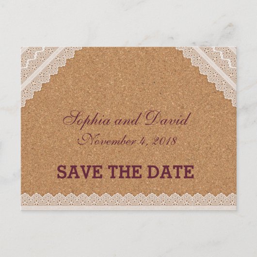 Lace Wine Cork Wedding BEWAREN DE DATUM Aankondigingskaart (Voorkant)