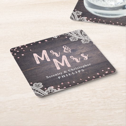 Lace wood blush glitter Mr en Mrs rustic bruiloft Kartonnen Onderzetters (Schuin)