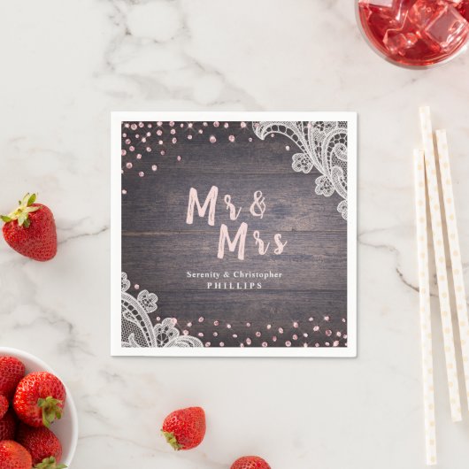 Lace wood blush glitter Mr en Mrs rustic bruiloft Servet (Insitu)
