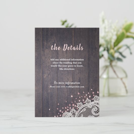 Lace wood blush glitter rustige trouwdetails informatiekaartje (Staand voorkant)