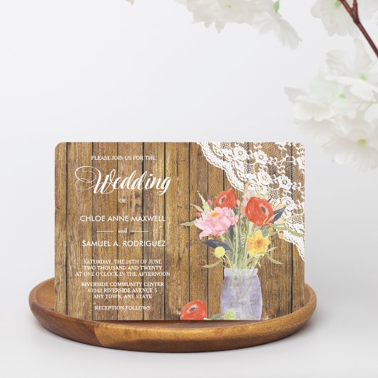 Lace Wood Mason Jar Floral Wedding Invitation Kaart