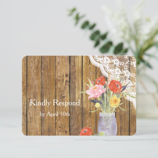 Lace Wood Mason Jar Floral Wedding RSVP (Staand voorkant)