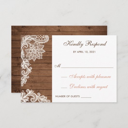 Lace Wood Rustic Respond RSVP Card Wedding (Voorkant / Achterkant)