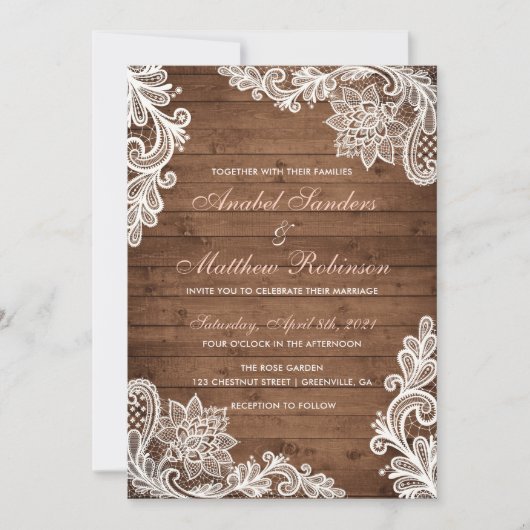 Lace Wood Rustic Wedding Invitation Kaart (Voorkant)
