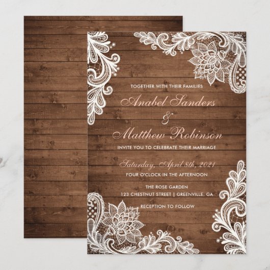 Lace Wood Rustic Wedding Invitation Kaart (Voorkant / Achterkant)