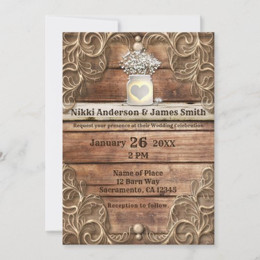 Lace Wood Rustic  Western Elegant Wedding Kaart (Voorkant)