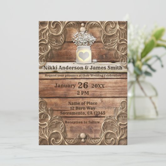 Lace Wood Rustic  Western Elegant Wedding Kaart (Staand voorkant)