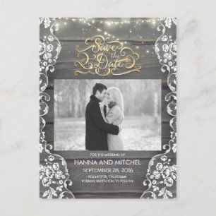 Lace Wood String Lights Rustic Photo Save the Date Aankondigingskaart