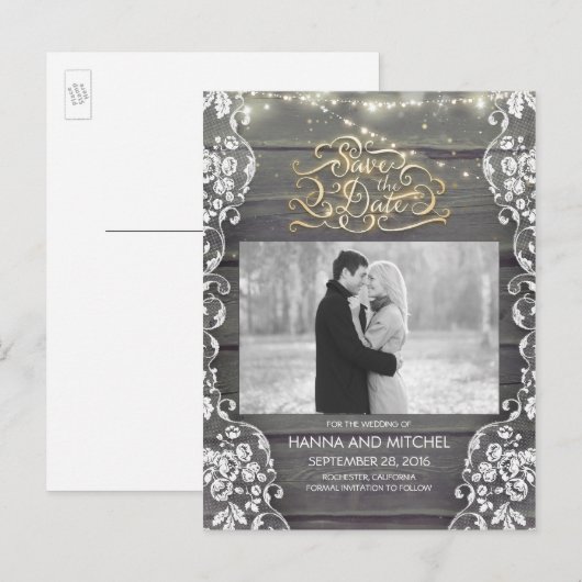 Lace Wood String Lights Rustieke foto Sla de datum Aankondigingskaart (Voorkant / Achterkant)