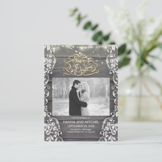 Lace Wood String Lights Rustieke foto Sla de datum Aankondigingskaart (Staand voorkant)