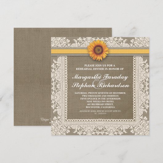 Lace Zonnebloem & Burlap repetitie diner uitnodigi Kaart (Voorkant / Achterkant)