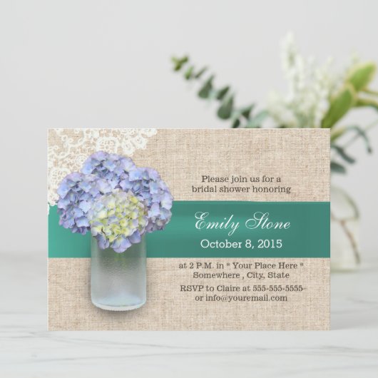 Laced Burlap Hydrangea & Mason Jar Vrijgezellenfee Kaart (Staand voorkant)