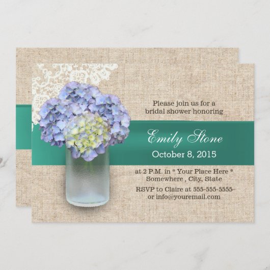 Laced Burlap Hydrangea & Mason Jar Vrijgezellenfee Kaart (Voorkant / Achterkant)