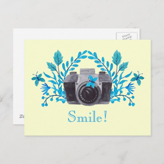 Lach! Camera met blauwe bladeren en botervliegen Briefkaart (Voorkant / Achterkant)