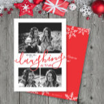 Lach helemaal tot 3-foto's met rood kerstfeest feestdagenkaart<br><div class="desc">Dit eenvoudige 3-foto-kerstkaartontwerp biedt de feestelijke groet "helemaal lachen!" Klik de aanpassingsknoop voor meer flexibiliteit in het wijzigen van/het toevoegen van tekst/foto's en ontwerpelementen! De variaties van dit ontwerp en de coördinerende producten zijn beschikbaar in onze winkel, zazzle.com/store/doodlelulu. Neem contact met ons op als je dit ontwerp op een specifiek...</div>